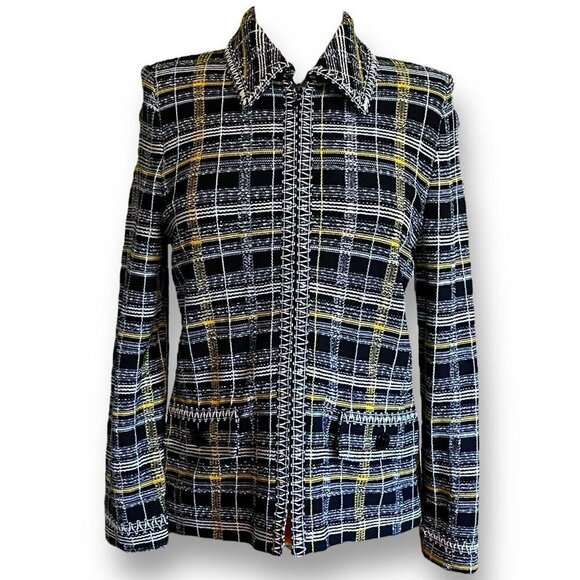 St John Collection Marie Gray Womens Santana Knit Jacket Sz 6 Black Yellow Plaid